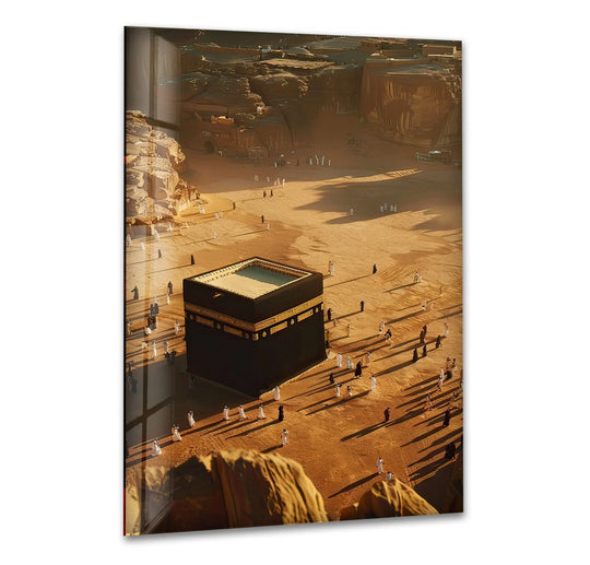 Religion glass wall art aerial view showing Kaaba detail and sacred glass decor plus divine elegance