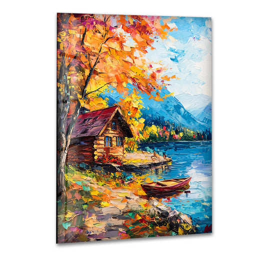 Canvas wall art featuring thick textural paint layers of an autumn cabin scene with a rowboat on an aqua lake.