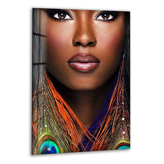 Close-up African face glass wall artwork showing feathered earrings against a dark background with textured edges.