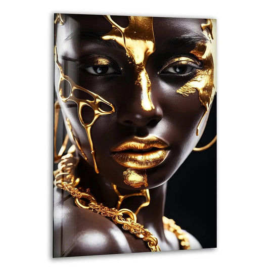 A striking contrast of dark skin and vibrant gold drips adorns this African Gold Woman glass art painting.