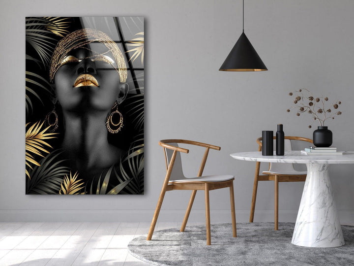 Black African Woman with Gold lips Tempered Glass Wall Art - MyPhotoStation
