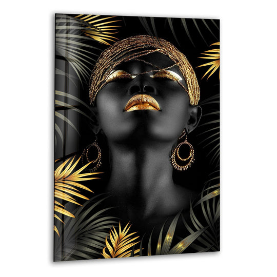 Glass wall art of an African Woman wearing gold headpiece and leaf accents plus luxurious wall decor and cultural elegance
