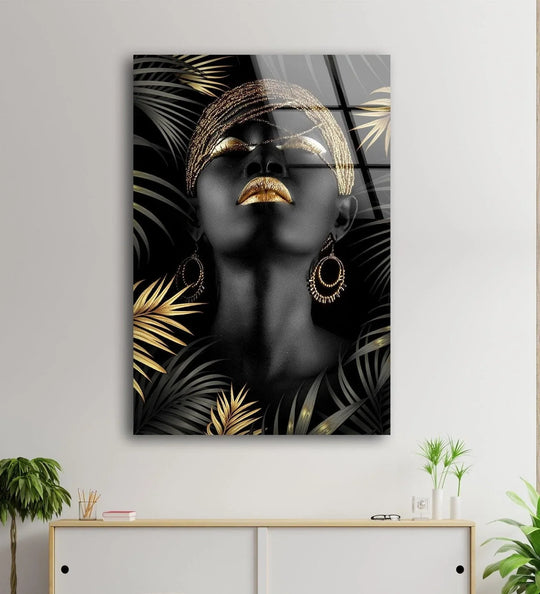 Glass wall art of an African woman gold leaf motif and cool art plus luxury wall decor bringing sophistication to any room
