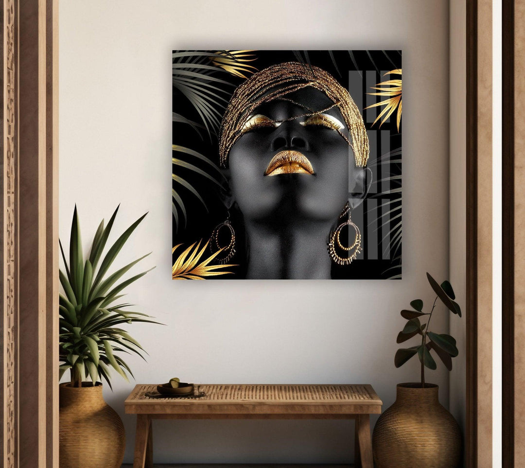 Gold lips and leaves black African Woman Tempered Glass Wall Art - MyPhotoStation