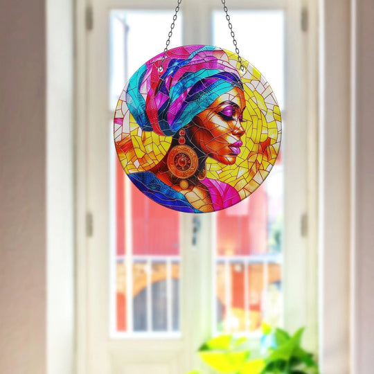Suncatcher decor colorful mosaic style and African woman portrait plus wall decor accents and woman suncatcher theme