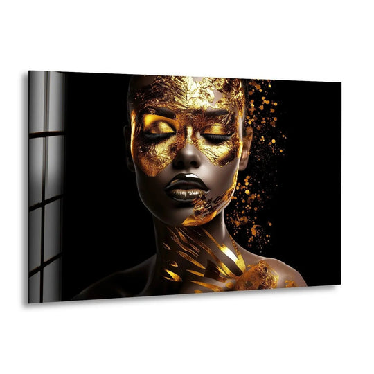 Cool Art African Woman With Gold Face Glass Wall Art shiny gold leaf and black background is cool wall art for women