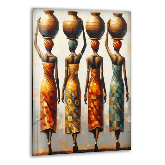 Cool Art showing African Womans Glass Wall Art with earthy tones and women carrying water pots creating cultural elegance in motion