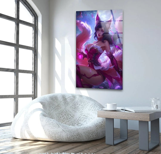 Realistically detailed mystic fox spirit woman is depicted in this fantasy glass wall art painting, showcasing glowing colors with exquisite elegance.