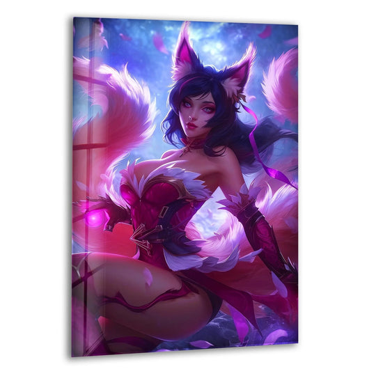 The focal point captures the mystic fox spirit woman in this unique modern wall decor, displaying an ethereal beauty with glowing colors and soft fantasy tones.