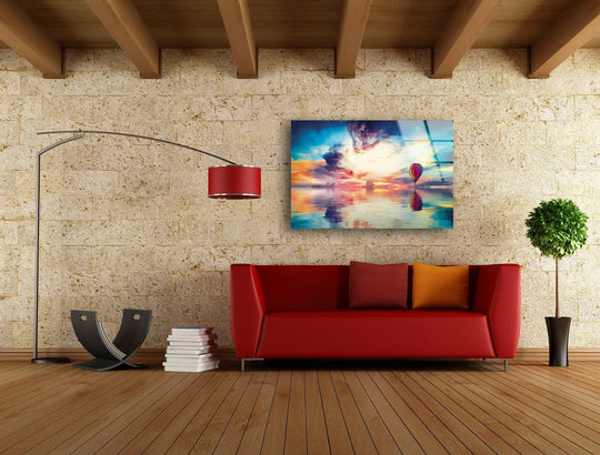 The stillness of reflected light underscores this decorative wall art of an air balloon landscape, a tranquil piece capturing a serene, sunset sky.