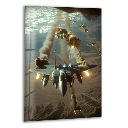 A McDonnell Douglas F-15 Eagle fighter jet flies with engines aflame above a desert landscape, captured in this decorative wall art.