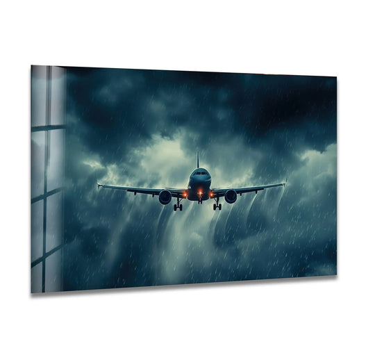 A detailed glass wall art print captures an airplane in a dramatic rainstorm.