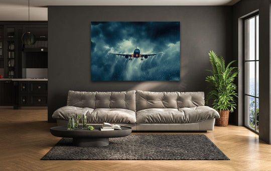 An airplane descends through a stormy sky, depicted as striking best glass art.
