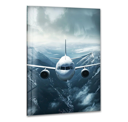A serene airplane glides through the still, snow-capped mountains, a piece of home decoration adding tranquility.