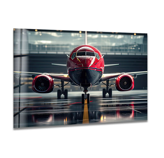 A striking red airplane appears to surge forward on the wet tarmac, embodying dynamic movement as unique modern wall decor.