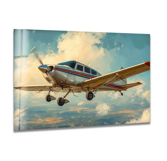 Soaring through a dramatic sky, this white and brown airplane glass wall art evokes a sense of adventurous freedom.