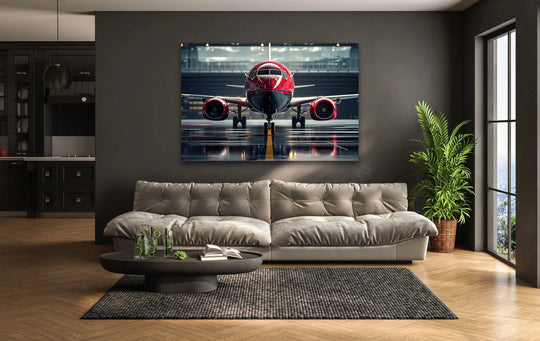 A red airplane in a hangar creates bold geometric lines with its sleek shape, featured as art from glass.