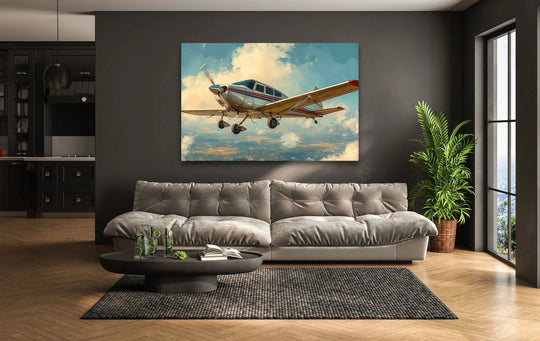 Textured glass wall artwork captures a detailed vintage airplane mid-flight against a soft, cloudy sky.