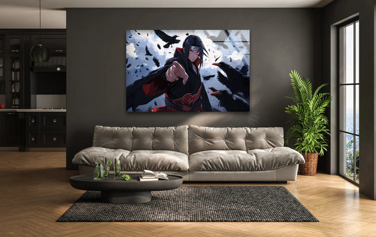 Puffy, cloud-like cushions of the couch offer a gentle contrast to the sharp lines of the 'Shadow Command – Crimson Crow Warrior' hanging wall art in a modern interior.