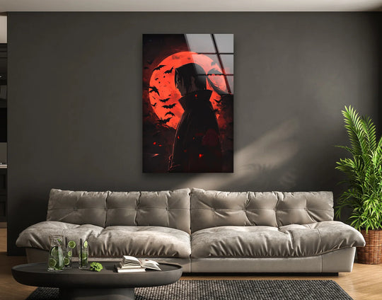 A lone warrior silhouette stands starkly against a crimson moon in this striking dark anime wall art prints on glass, featuring a captivating gothic scene.