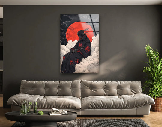 High-quality glass wall artwork featuring a silent warrior under a crimson moon ensures vibrant colors and a durable, reflective surface that enhances this anime-inspired art.