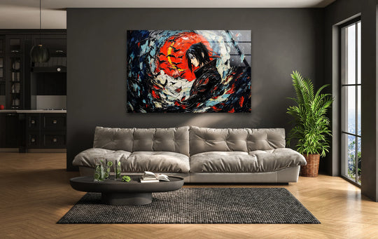Featuring a sleek, modern finish, the crimson eclipse glass wall art serves as a sophisticated home decoration piece, enhancing the abstract ninja design.