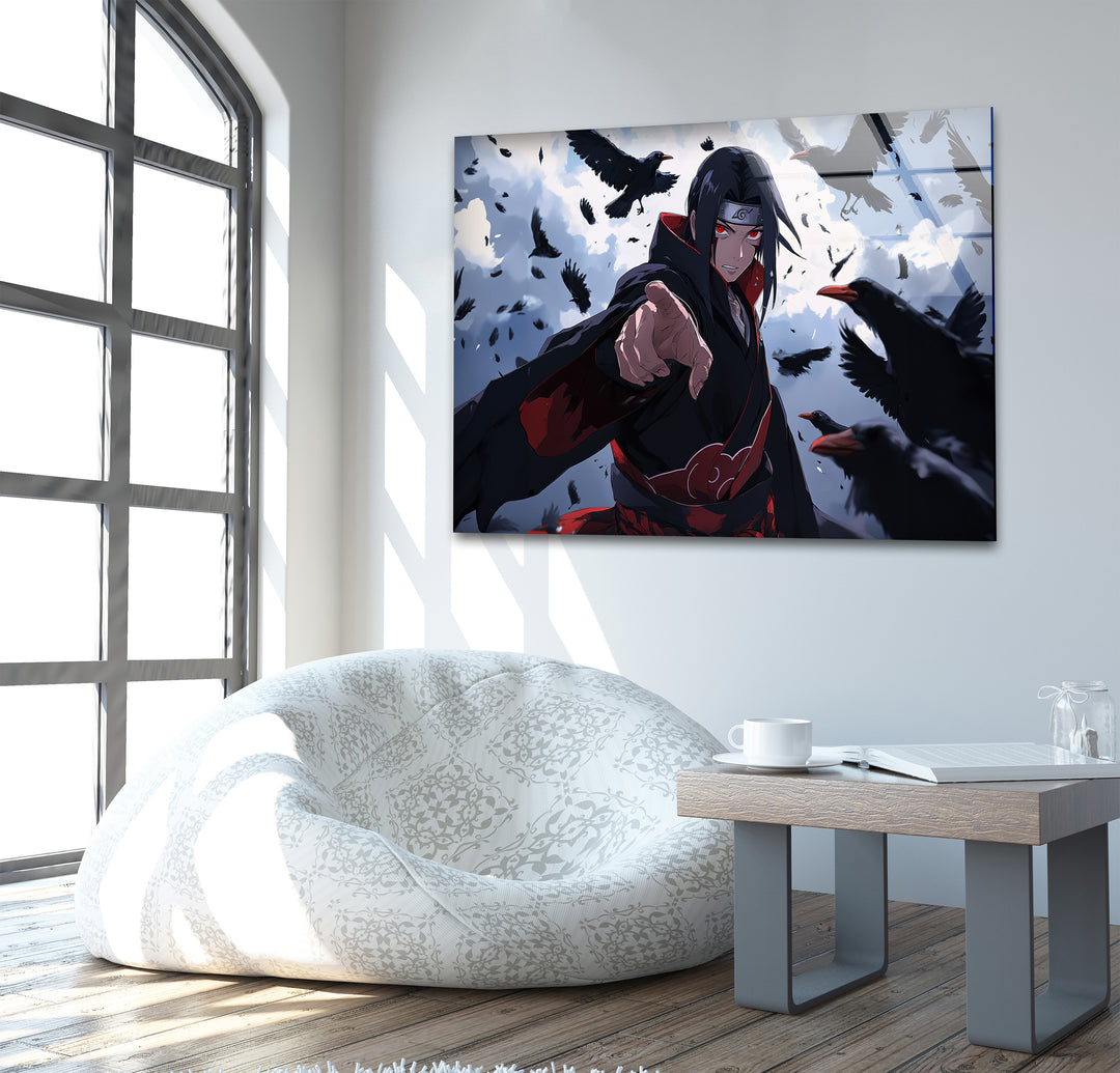 Itachi and Crow Akatsuki Glass Wall Art print picture on glass, Tempered Glass Wall Art