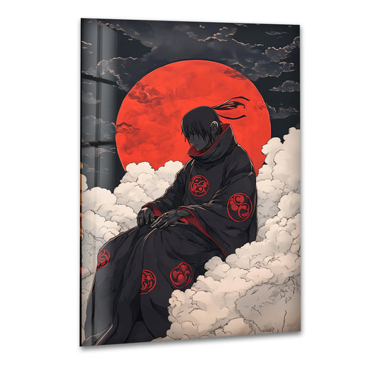 Dominating the view, a fiery crimson moon eclipses the scene in this Silent Warrior glass wall art, bringing striking home decor to any room.