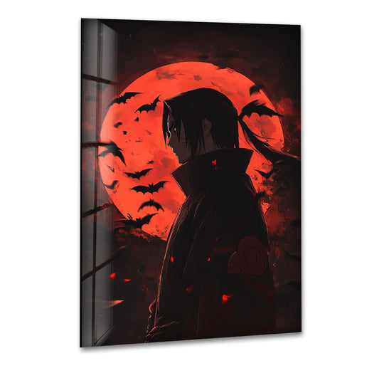The stillness of the moment captures a solitary warrior in dark anime glass wall art, a captivating piece of decorative wall art under a crimson moon.