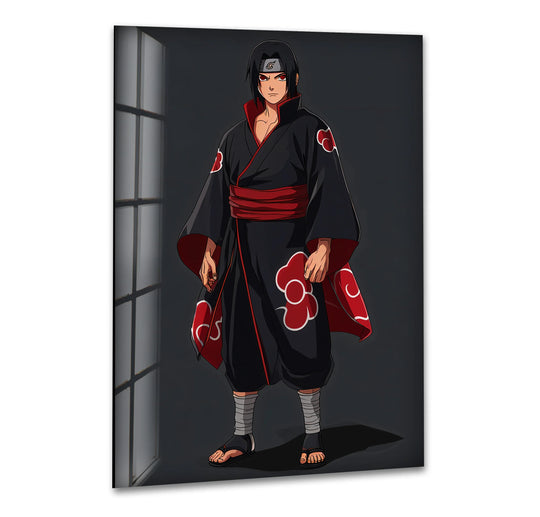 Featuring a tempered finish, the Shadow Warrior – Red Cloud Kimono glass art painting offers a sleek showcase of anime-inspired wall decor.