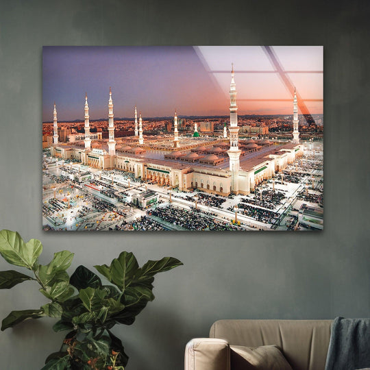 Al-Masjid glass wall art featuring a mosque with minarets and an aerial view showcasing religion and sacred Islamic glass artwork