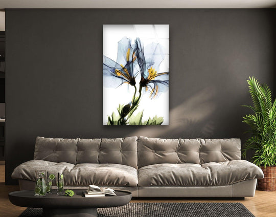 The flower glass wall art shows blue geranium flowers and is vintage artwork and a floral wall decor piece for your wall and is glass art