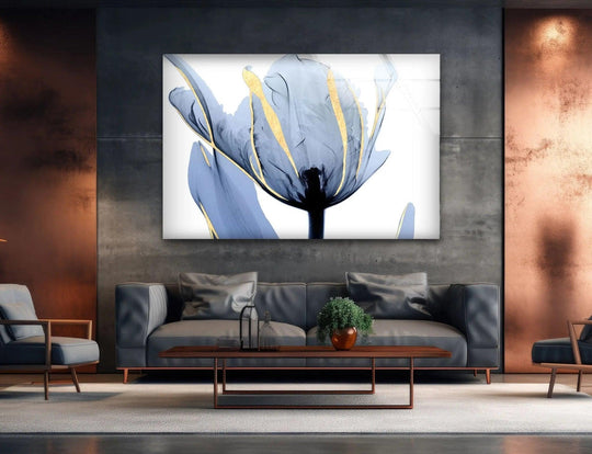 The blue tulip flower is a glass wall art featuring a floral design and vivid blue color with gold accents for modern elegance and wall decor
