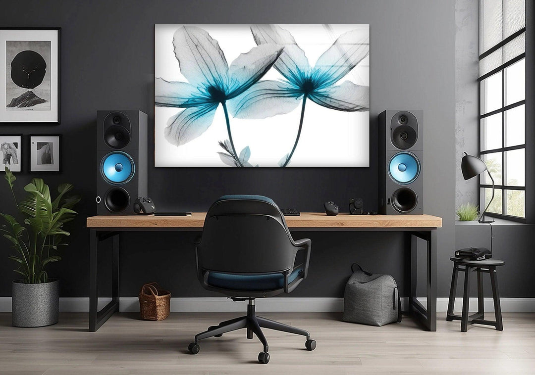 Albert Koetsier Blue X-Ray Flower Glass Wall Art, photo print on glass, prints on glass wall art
