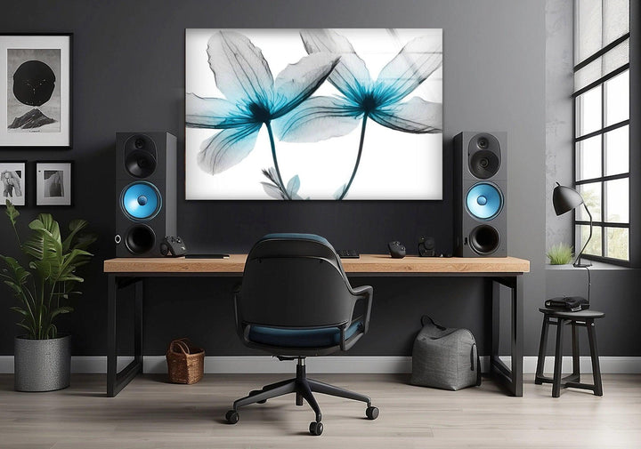 Albert Koetsier Blue X-Ray Flower Glass Wall Art, photo print on glass, prints on glass wall art