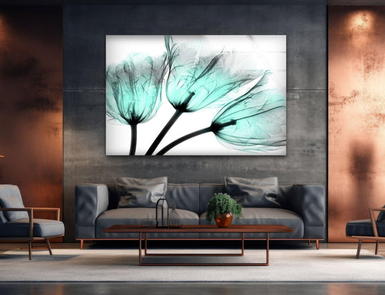 The turquoise xray tulip flower is a glass wall art by Albert Koetsier and cool floral decor and serene flower art for elegant living room interiors