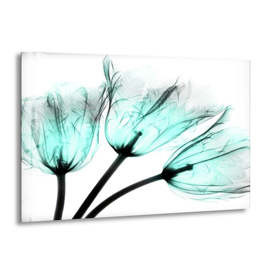 Albert Koetsier cool blue and black tulip flower is a flower glass wall art and serene floral decor accent featuring xray art and cool growth design