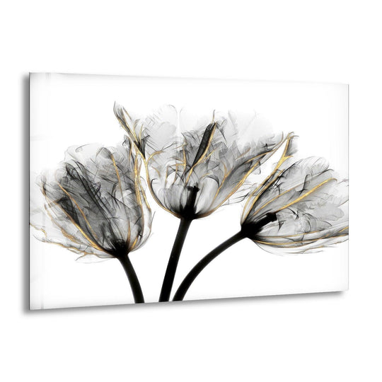 This glass wall art features gold embellished tulips in black and white tones and is elegant floral decor and Albert Koetsier art