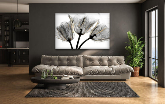 Gold tulips glass wall art features a floral design and elegant gold embellishments and is exquisite art for flower decor and UV printing on glass