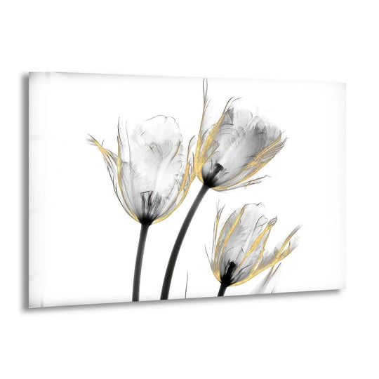 The flower glass wall art features gold embellished tulips and elegant floral design and is a stunning landscape art choice flower wall decor for lasting elegance