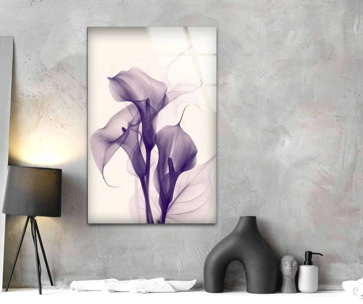 Albert Koetsier purple glass art featuring delicate calla lilies as the focal point.