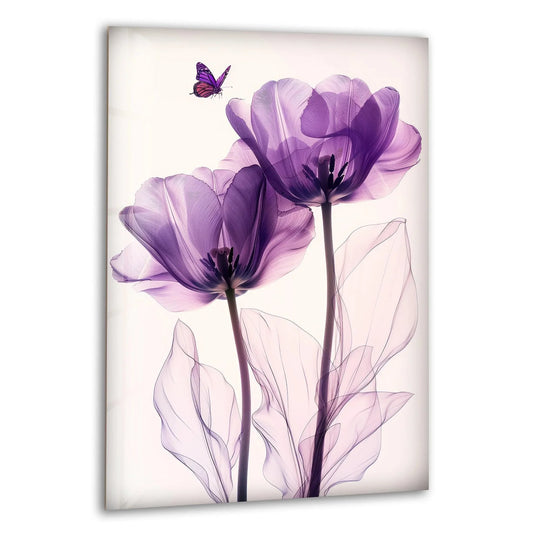 The flower glass wall art features purple tulips and a butterfly motif and is a tempered glass wall art flower print for elegant purple wall decor and vibrant floral artwork