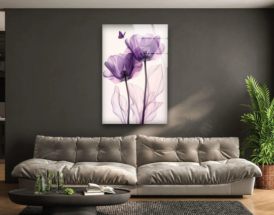 Albert Koetsier Purple Tulips glass wall art showcases floral artwork with purple and white flowers and is vibrant wall decor and elegant home decor
