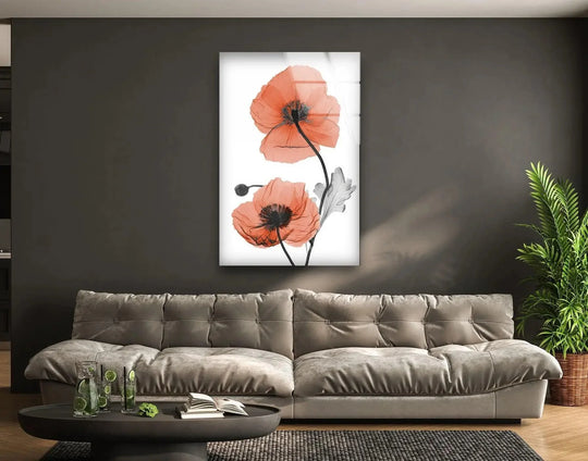 The vertical glass wall art features red soft poppy flowers and is elegant decor and vibrant and made with 8K UV printing and is Albert Koetsier art