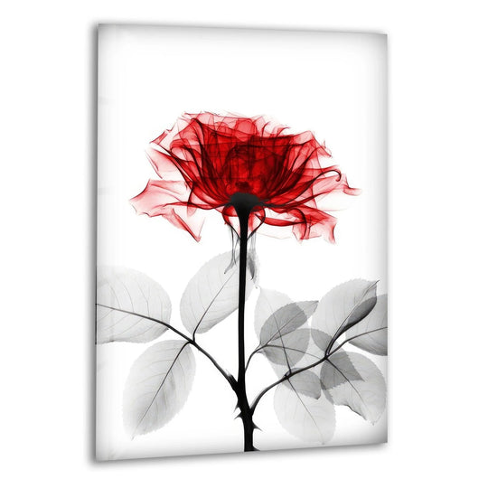 The flower is a tonal rose with vibrant red petals and an elegant vintage style as a glass wall art and decor featuring a timeless floral appeal