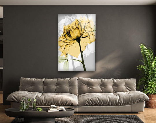 Flower glass wall art shows a yellow rose and a black stem and this wall art is tempered glass and elegant home decor