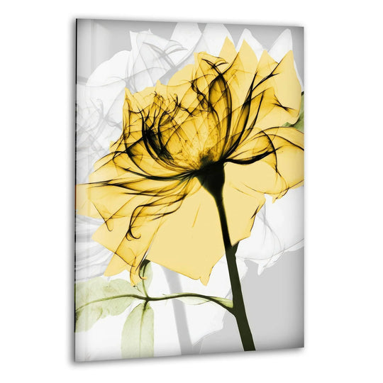 The flower glass wall art features a yellow rose with botanical and floral elements and makes for timeless elegance through glass art and flower wall art
