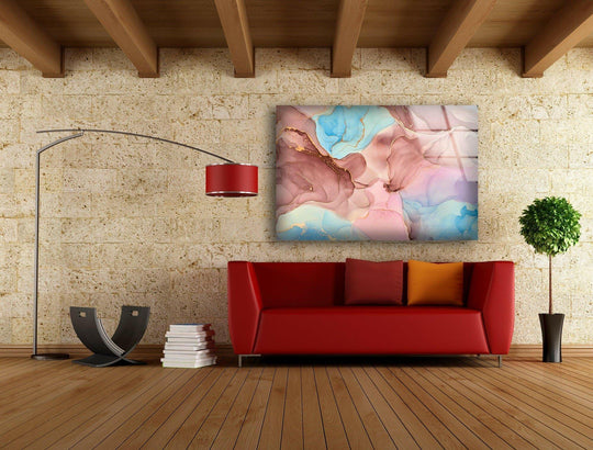 Alcohol ink abstract pink glass wall art, a striking piece of home decor, enchants with its swirling pink, blue, and gold patterns.