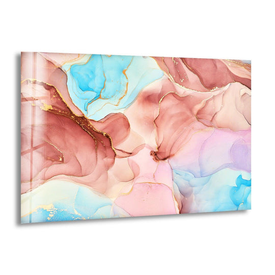 Abstract pink glass wall art showcasing a graceful transition from soft pinks to vibrant blues, perfect as decorative wall art.