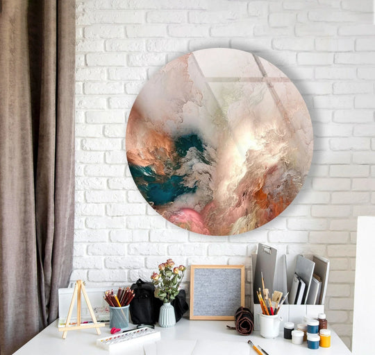 Featuring a blend of pastel and teal hues, this alcohol ink art round glass art painting showcases the dominant colors with a modern, vibrant aesthetic.